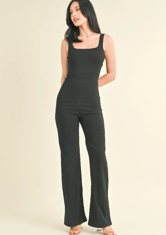 Early Access Sleeveless Thick Strap Stright Leg Jumpsuit, Black