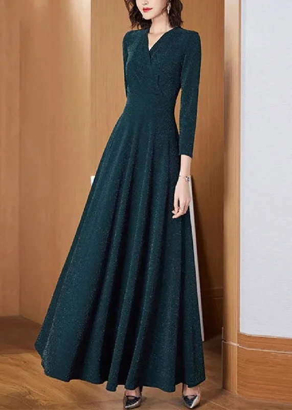 Mega Sale bohemian dressSlim Fit Blackish Green V Neck Wrinkled Dress Long Sleeve