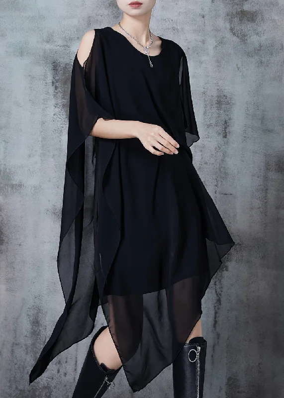 flowy dressArt Black Asymmetrical Draping Chiffon Mid Dress Summer