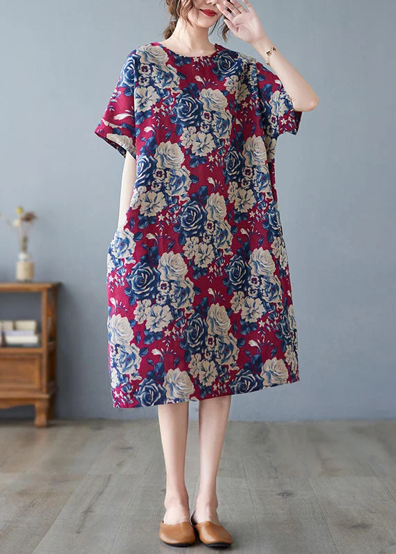 Price Smash lace dressDIY Red O-Neck Floral Print Pockets Cotton Holiday Dress Short Sleeve