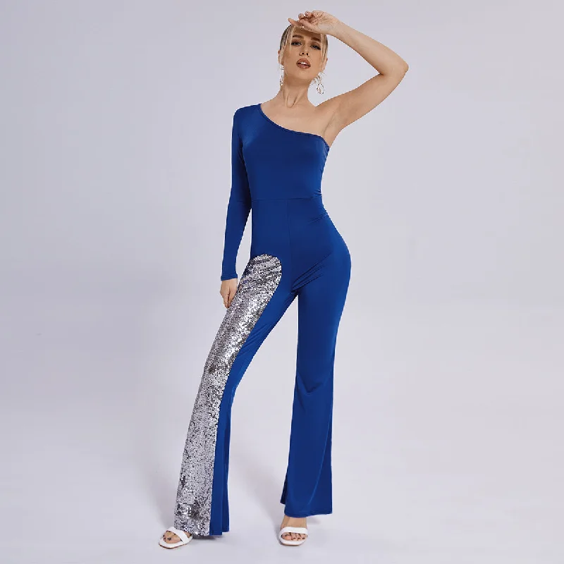 Today’s Deal Leg Jumpsuit Mesh One Sleeve Flared