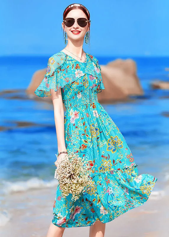 Special Buy bohemian dressItalian Blue V Neck Ruffled Print Elastic Waist Silk Beach Dresses Cloak Sleeves