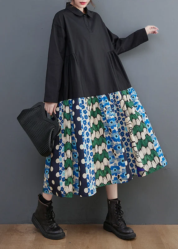 Blowout Deals layered dressBlack Patchwork Cotton A Line Dress Oversized Print Fall