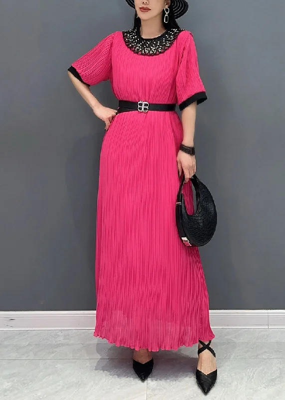 Early Access structured dressStyle Red O-Neck Wrinkled Long Dress Short Sleeve