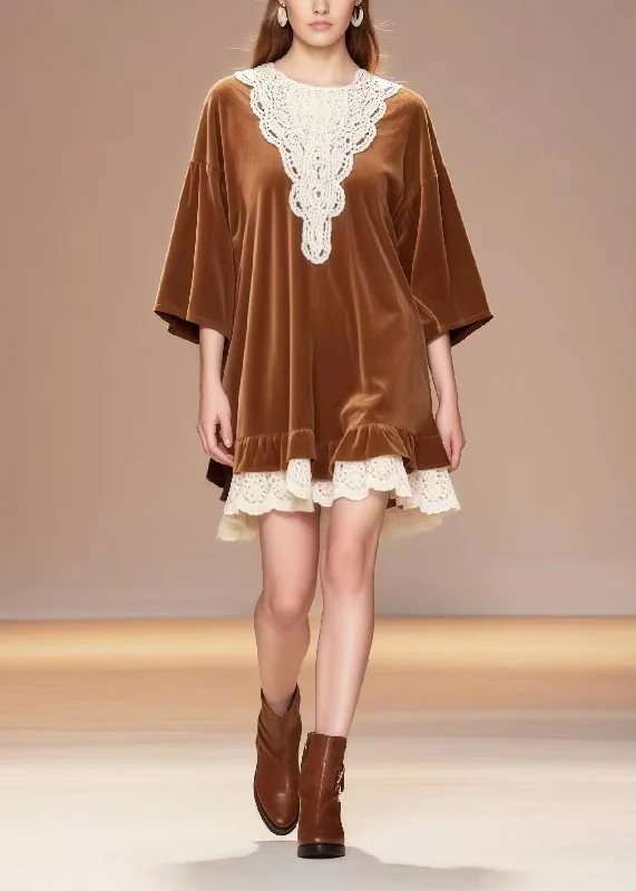 casual dressDIY Brown Oversized Lace Patchwork Silk Velvet Tea Dress Spring