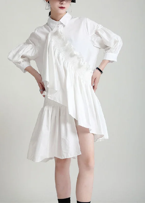 wrap-around dressFrench White Asymmetrical Patchwork Ruffles Cotton Shirt Dress Lantern Sleeve