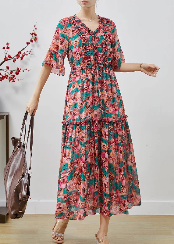 Early Access office dressModern Red Ruffled Print Chiffon Maxi Dresses Summer