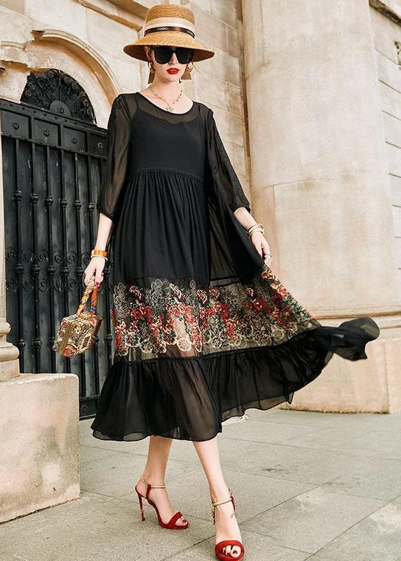 Quick Sale silk dressStyle Black O Neck Embroideried Patchwork Silk Dress Bracelet Sleeve