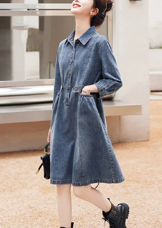 silk dressOrganic Blue Patchwork Wrinkled Denim Mid Dresses Long Sleeve