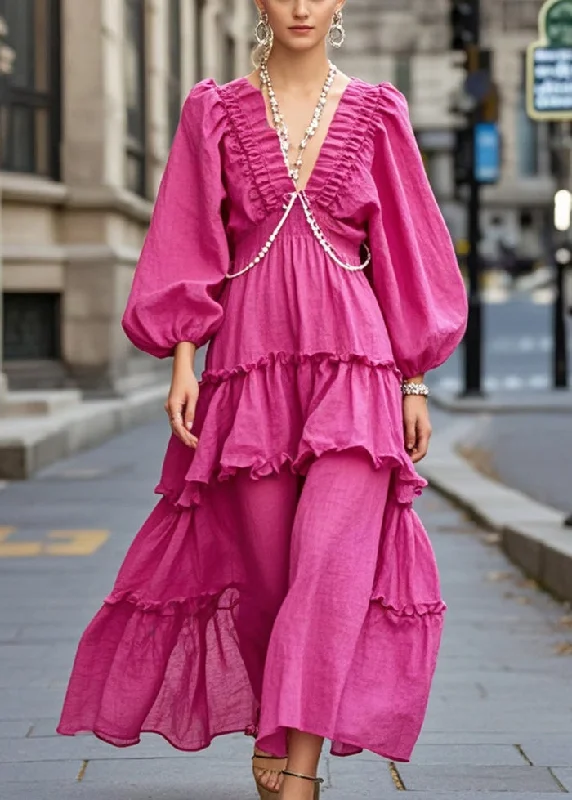 form-fitting dressElegant Rose V Neck Ruffled Cotton Ankle Dress Spring