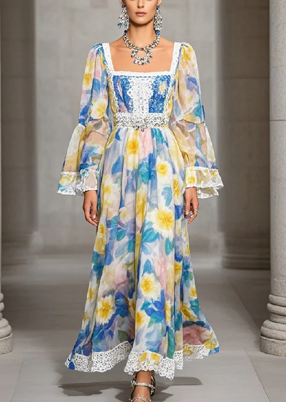 Price Reduction ruched dressElegant Square Collar Print Chiffon Full Dresses Fall