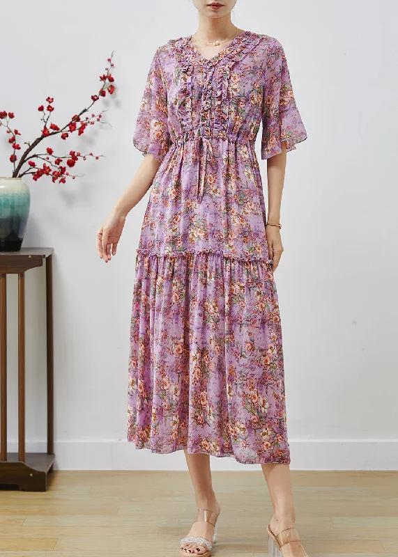 Deep Discounts puff sleeve dressPurple Print Chiffon Beach Dress Cinched Ruffled Summer Deep Discounts puff sleeve dressPurple Print Chiffon Beach Dress Cinched Ruffled Summer