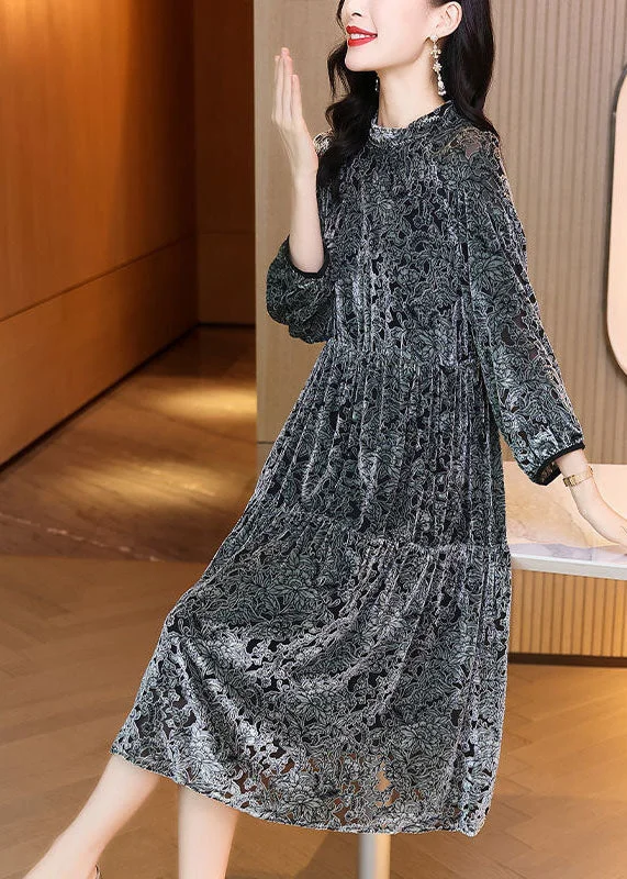 Huge Discounts elegant maxi dressBoho Grey O-Neck Patchwork Print Silk Velour Maxi Dress Spring