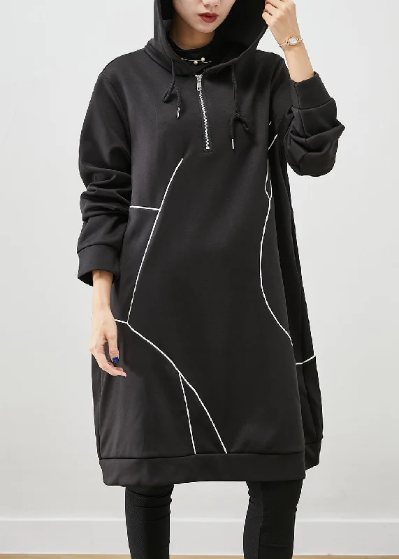 flowy evening dressItalian Black Oversized Patchwork Cotton Sweatshirt Dress Fall