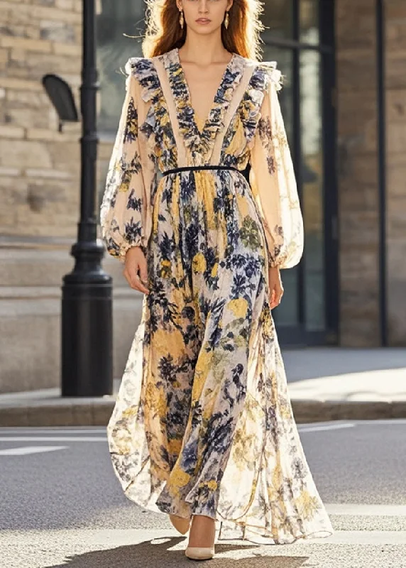 long sleeve dressStylish Khaki Ruffled Print Chiffon Dress Spring