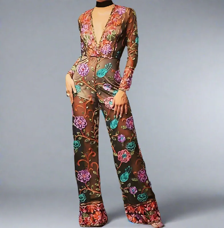 Steals and Deals Floral Glam Mesh Jumpsuit