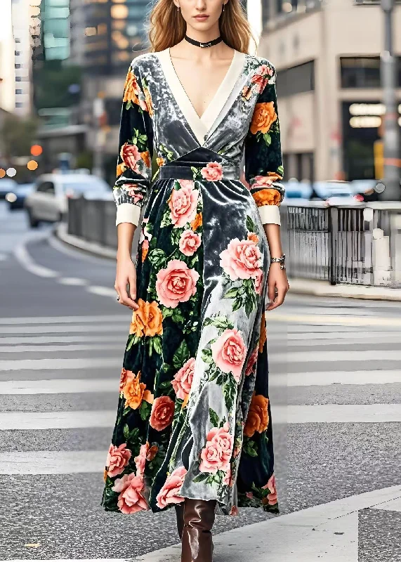 chic wrap dressSilm Fit V Neck Patchwork Floral Silk Velvet Robe Dresses Spring