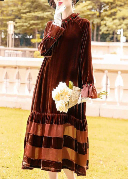 Price Fest off-shoulder dressVintage Brown Oversized Patchwork Silk Velour Robe Dresses Spring