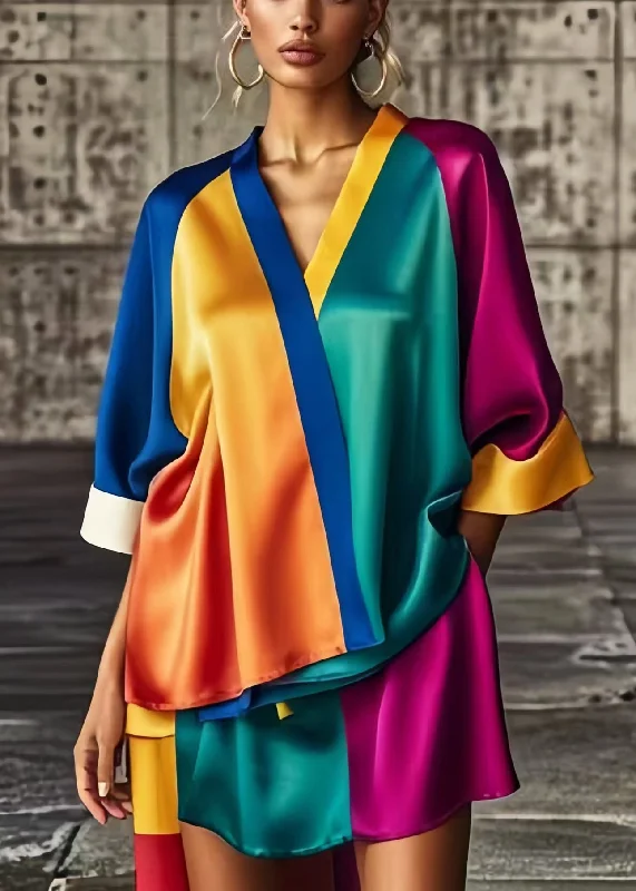 minimalistic dressChic Colorblock Asymmetrical Patchwork Low High Design Silk Dress Summer