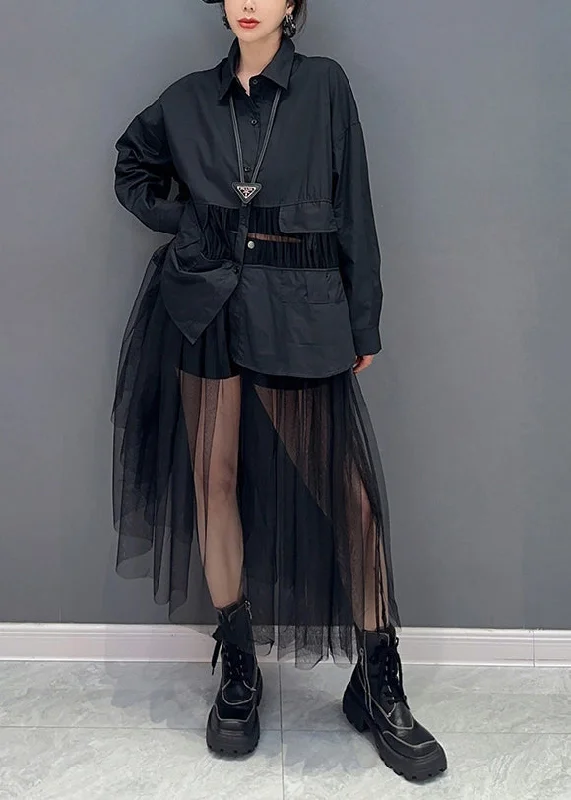 Limited Availability winter dressArt Black Peter Pan Collar Tulle Patchwork Hollow Out Cotton Dress Spring