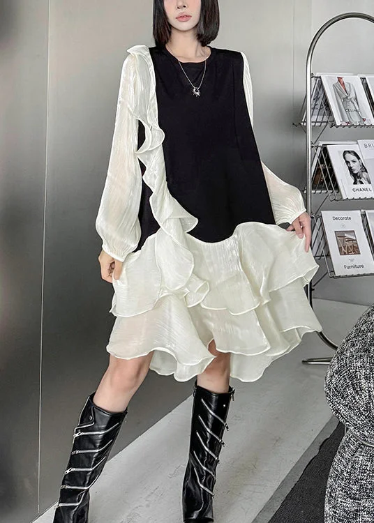 wrap dressFashion Apricot Ruffled Organza Patchwork Cotton Dress Fall