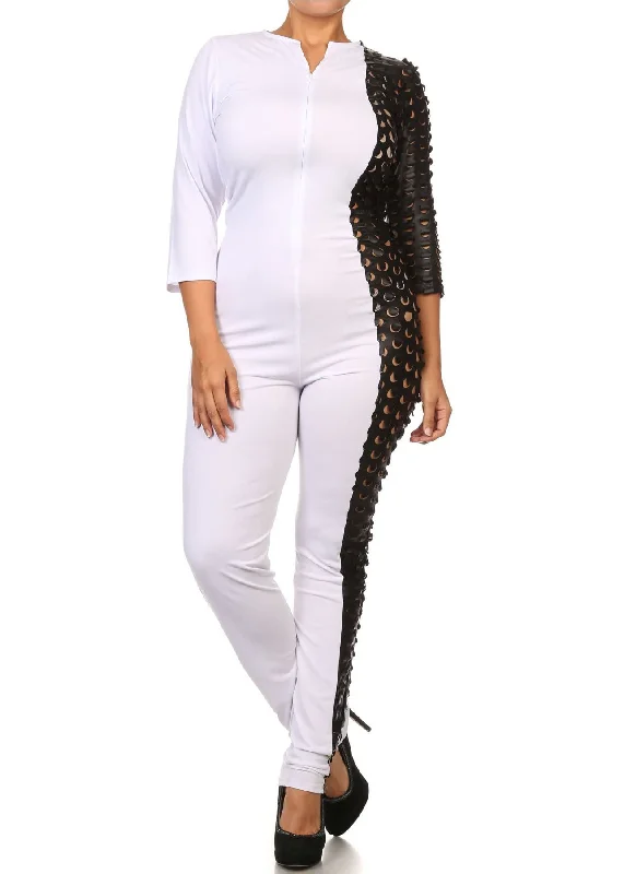 Can't Miss Plus Size Women Faux Leather Cutouts One Sided Contrast Jumpsuit