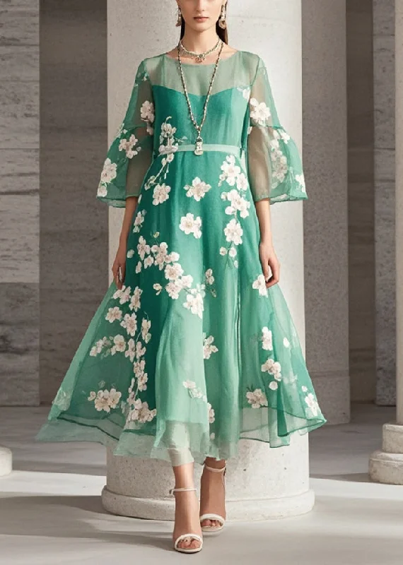 New Markdowns casual dressElegant Green Print Chiffon Long Dresses Summer