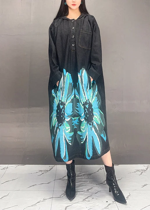 Seasonal Sale chic dressCasual Loose Black Hooded Print Denim Long Dress Fall
