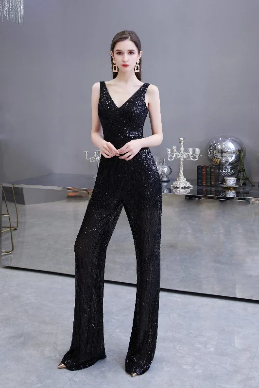 Clearance Sale Shining V-neck Sequin Sleeveless Corset Prom Jumpsuit Gowns