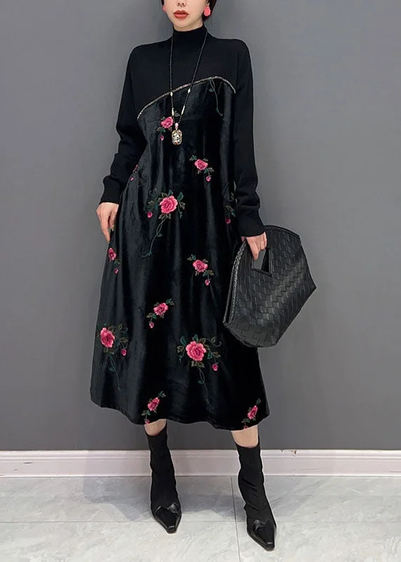 Markdowns wrap dressWomen Black High Neck Embroideried Knit Patchwork Silk Velour Dress Spring Markdowns wrap dressWomen Black High Neck Embroideried Knit Patchwork Silk Velour Dress Spring