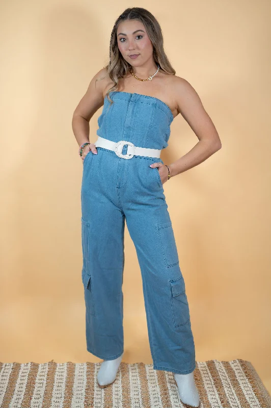 Don't Miss Broadway Babe Strapless Denim Jumpsuit