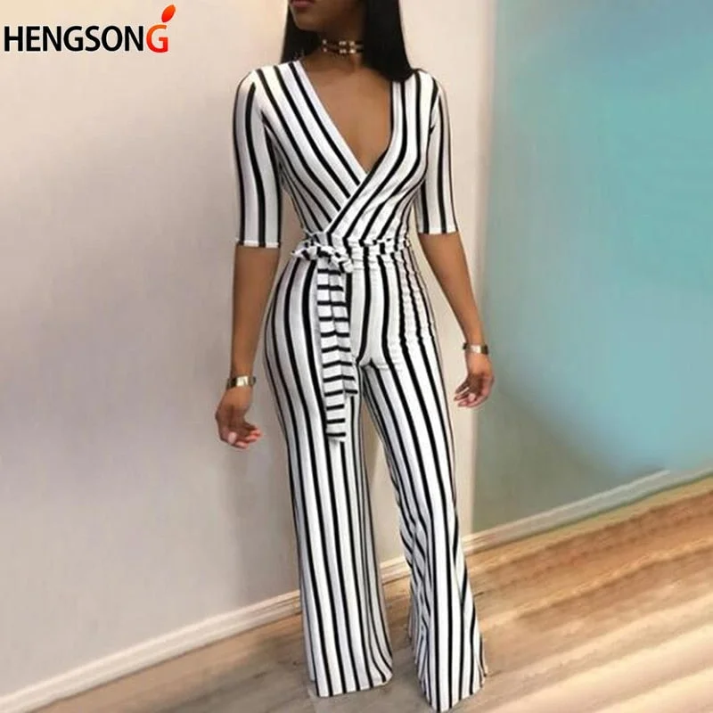 Closeout Sale Deep V Neck Sashes Women Half Sleeve Jumpsuit