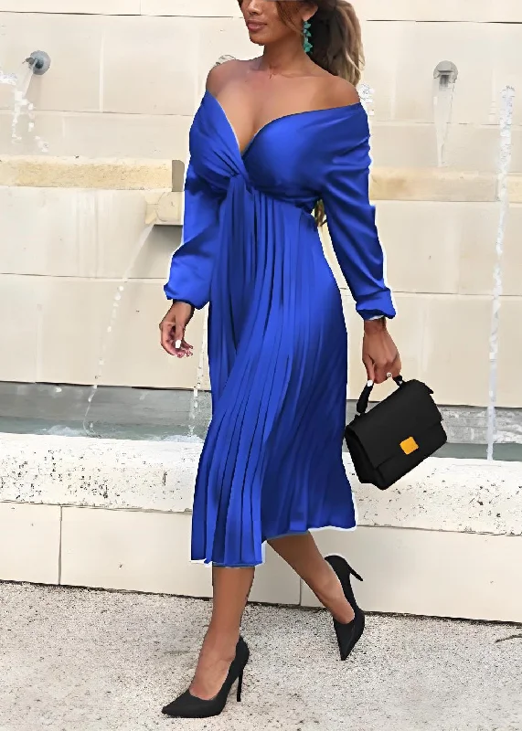 Special Buy sleek dressClassy Blue V Neck Wrinkled Silk Long Dresses Fall