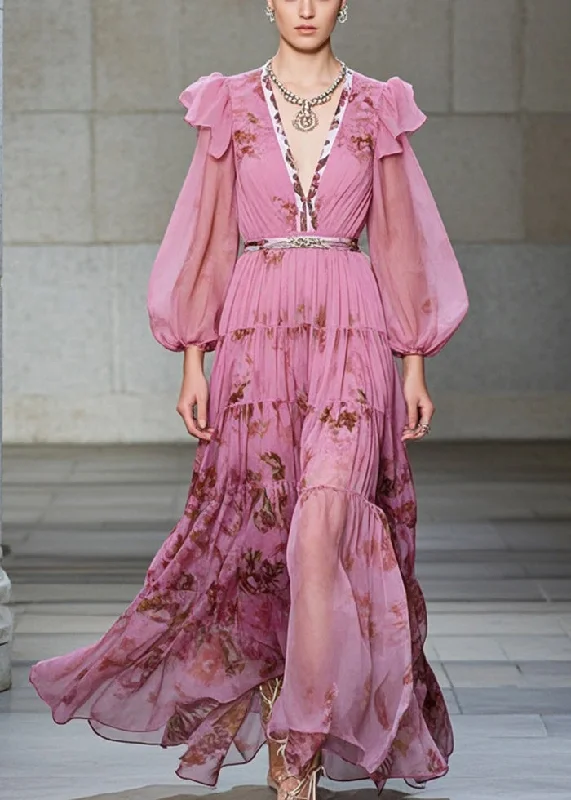 Extra Savings bohemian dressWomen Pink V Neck Print Exra Large Hem Chiffon Party Dresses Fall