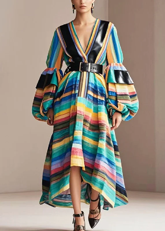 trendy mini dressUnique Rainbow Striped Patchwork Cotton Cinched Dresses Lantern Sleeve