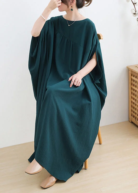 Price Break wrap dressCasual Green O-Neck Asymmetrical Cotton Long Dress Short Sleeve