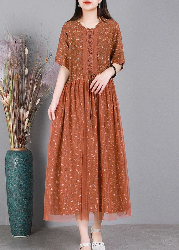 Price Break casual evening dressDIY Orange Tie Waist Embroideried Floral Tulle Dress Short Sleeve