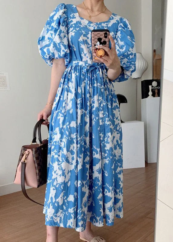 Get It Before It’s Gone chic wrap dressBlue Tie Waist Cotton Long Dresses Square Collar Puff Sleeve