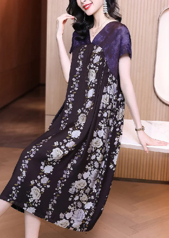 Online Only chic wrap dressStyle Purple V Neck Print Patchwork Chiffon Dress Short Sleeve