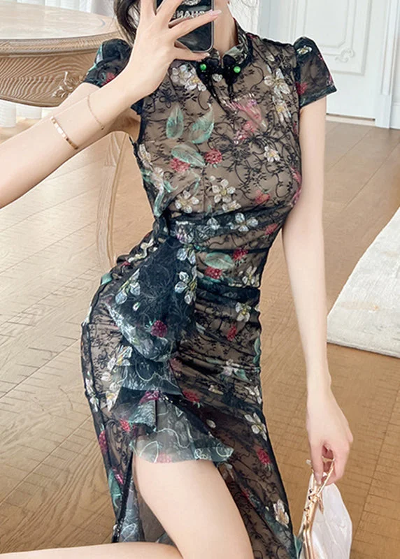 YEAR-End Sale lace dressSexy Black Stand Collar Print Ruffled Patchwork Lace Maxi Dresses Short Sleeve YEAR-End Sale lace dressSexy Black Stand Collar Print Ruffled Patchwork Lace Maxi Dresses Short Sleeve