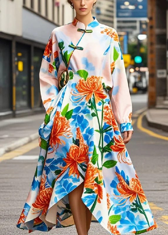 flowy evening dressChic Apricot Print Asymmetrical Design Silk Oriental Dresses Spring