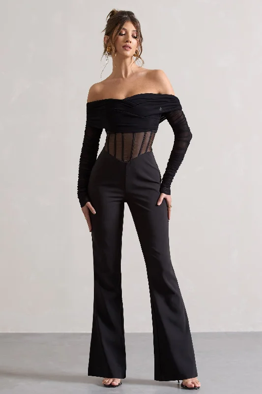 Flash Sale Into The Night | Black Sheer Bardot Long-Sleeved Corset Jumpsuit