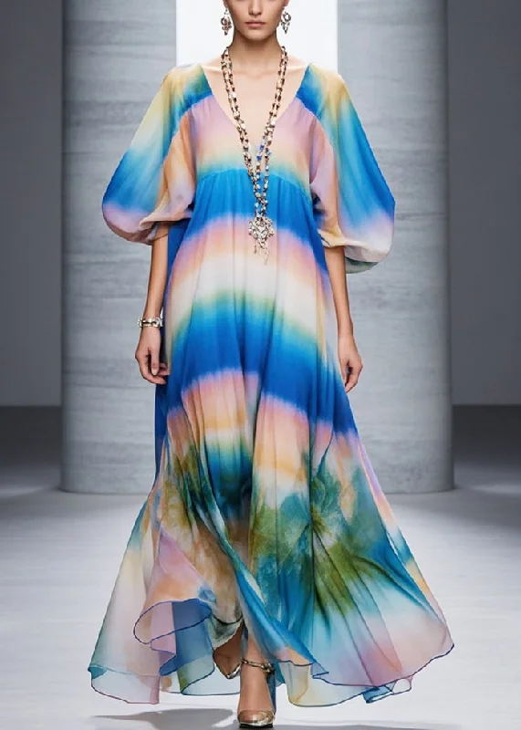 Special Discount wrap dressClassy Gradient Color Print Chiffon Robe Dresses Lantern Sleeve