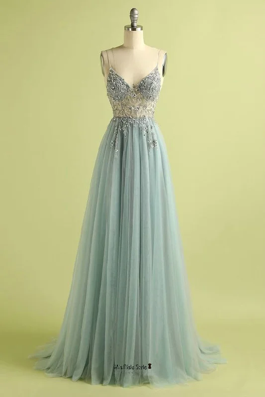 Big Savings floral midi dressSexy Spaghetti Straps Illusion Beaded Prom Dress