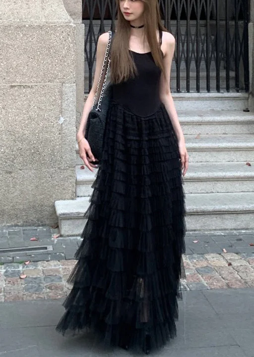 Inventory Reduction floral dressNew Black Wrinkled Solid Tulle Spaghetti Strap Dress Sleeveless