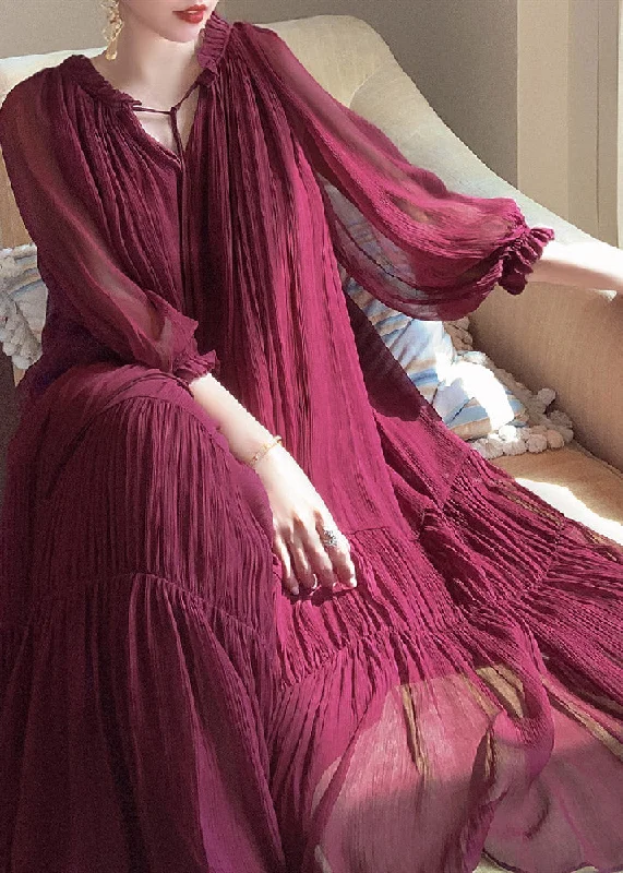 Closeout stylish dressStylish Mulberry V Neck Wrinkled Silk Holiday Dress Lantern Sleeve