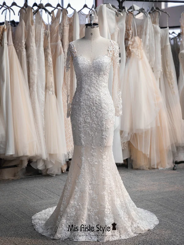 Super Sale flowy dressMermaid Long Sleeve Lace Colorful Wedding Dress