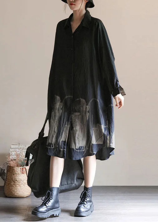 casual knit dressBlack Print Patchwork Linen Shirts Dress Peter Pan Collar Spring